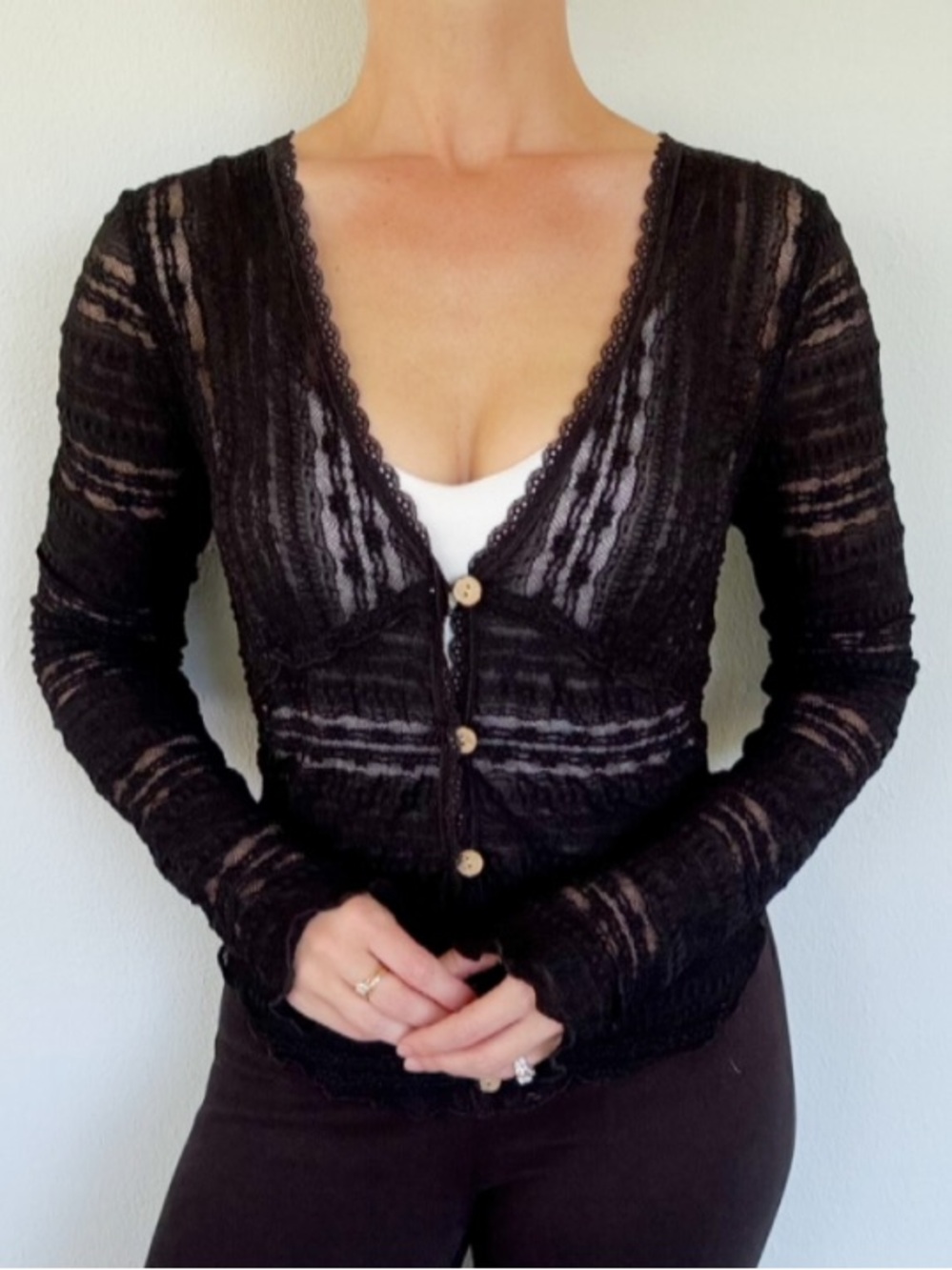 Free People black sheer lace v-neck button up cardigan blouse size medium